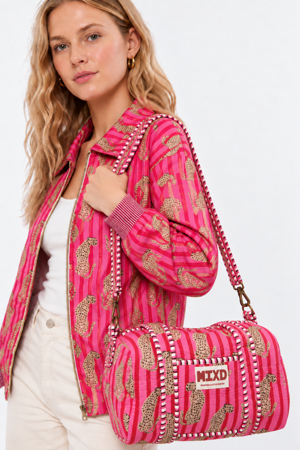 Image of Pink Quilted Cotton Mini Duffle Bag with Leopard Print & Striped Handles | Riva