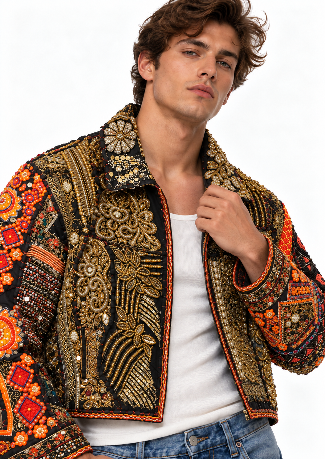 Image of Black Embroidered Jacket with Gold & Orange Beaded Detailing | Matteo