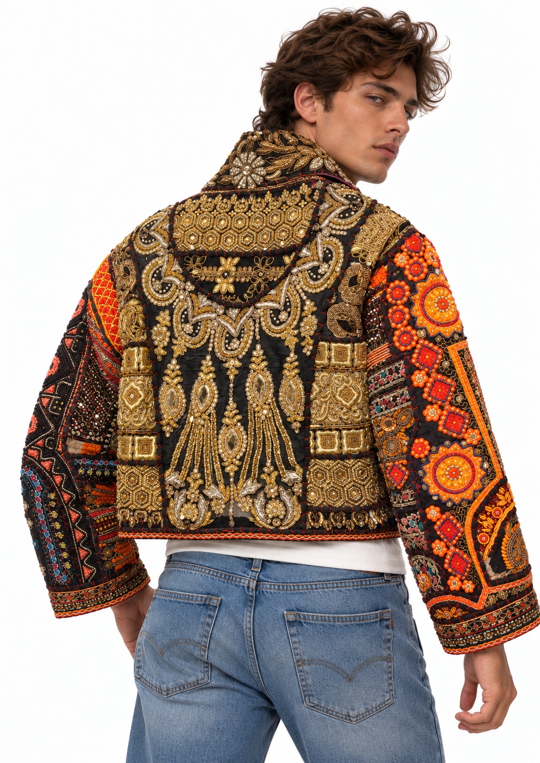 Image of Black Embroidered Jacket with Gold & Orange Beaded Detailing | Matteo
