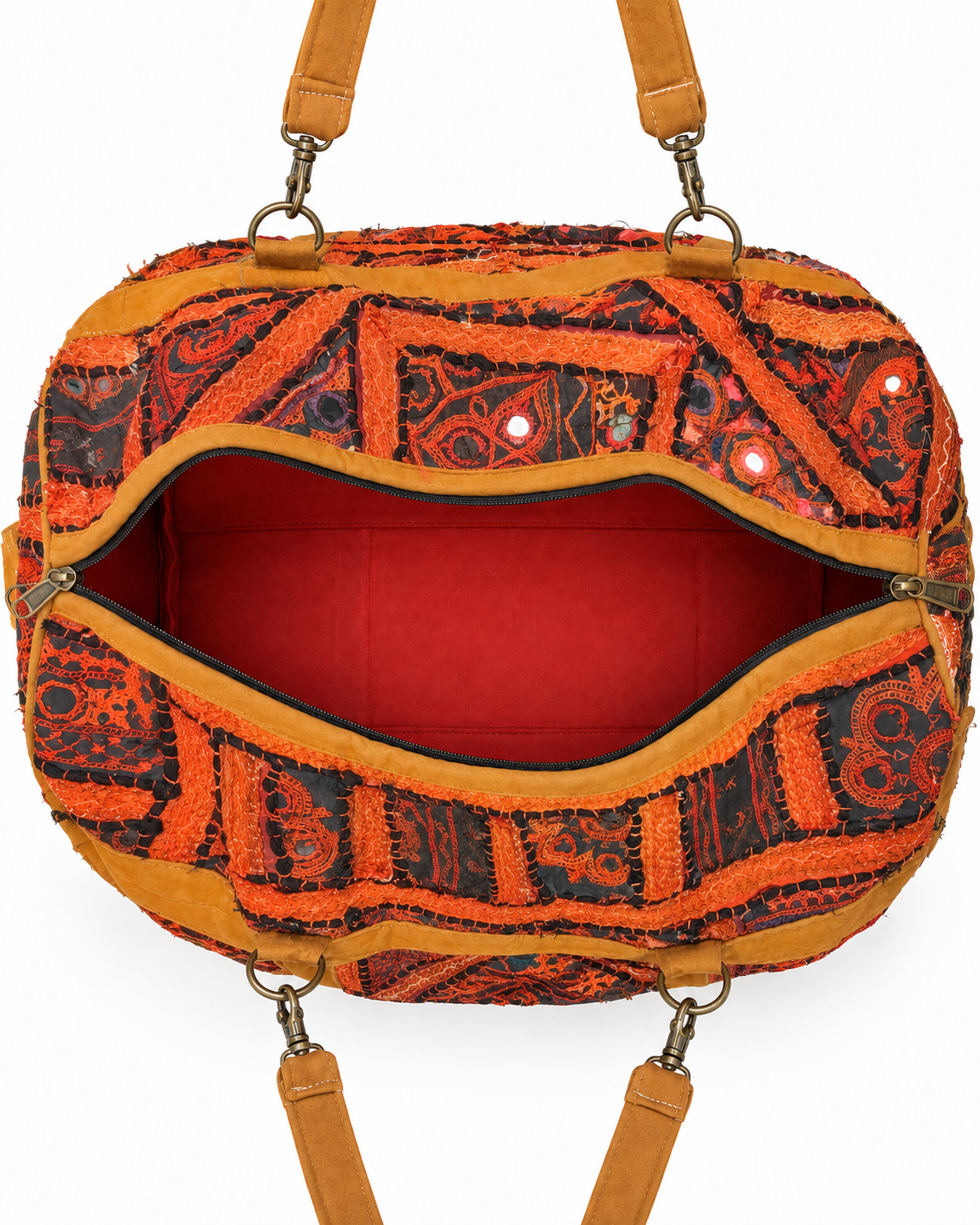 Image of Handmade Embroidered Orange & Black Handmade Duffle Bag with Mirror Detailing | Siena
