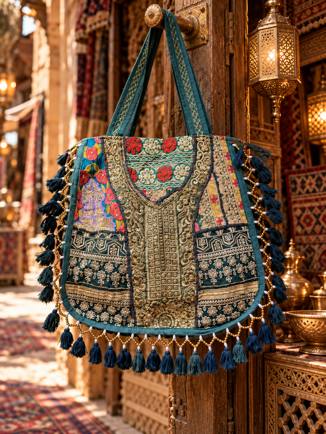 Image of Handmade Embroidered Green & Gold Bohemian Tote Bag with Tassels & Beaded Detailing | Amelie