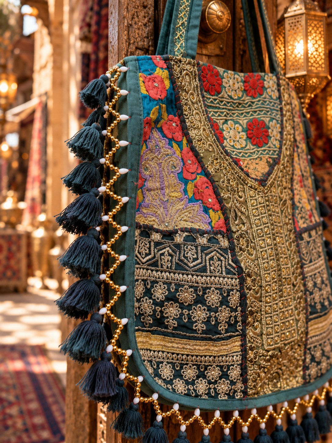 Image of Handmade Embroidered Green & Gold Bohemian Tote Bag with Tassels & Beaded Detailing | Amelie