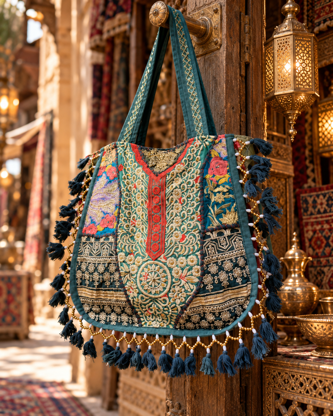 Image of Handmade Embroidered Green & Gold Bohemian Tote Bag with Tassels & Beaded Detailing | Amelie