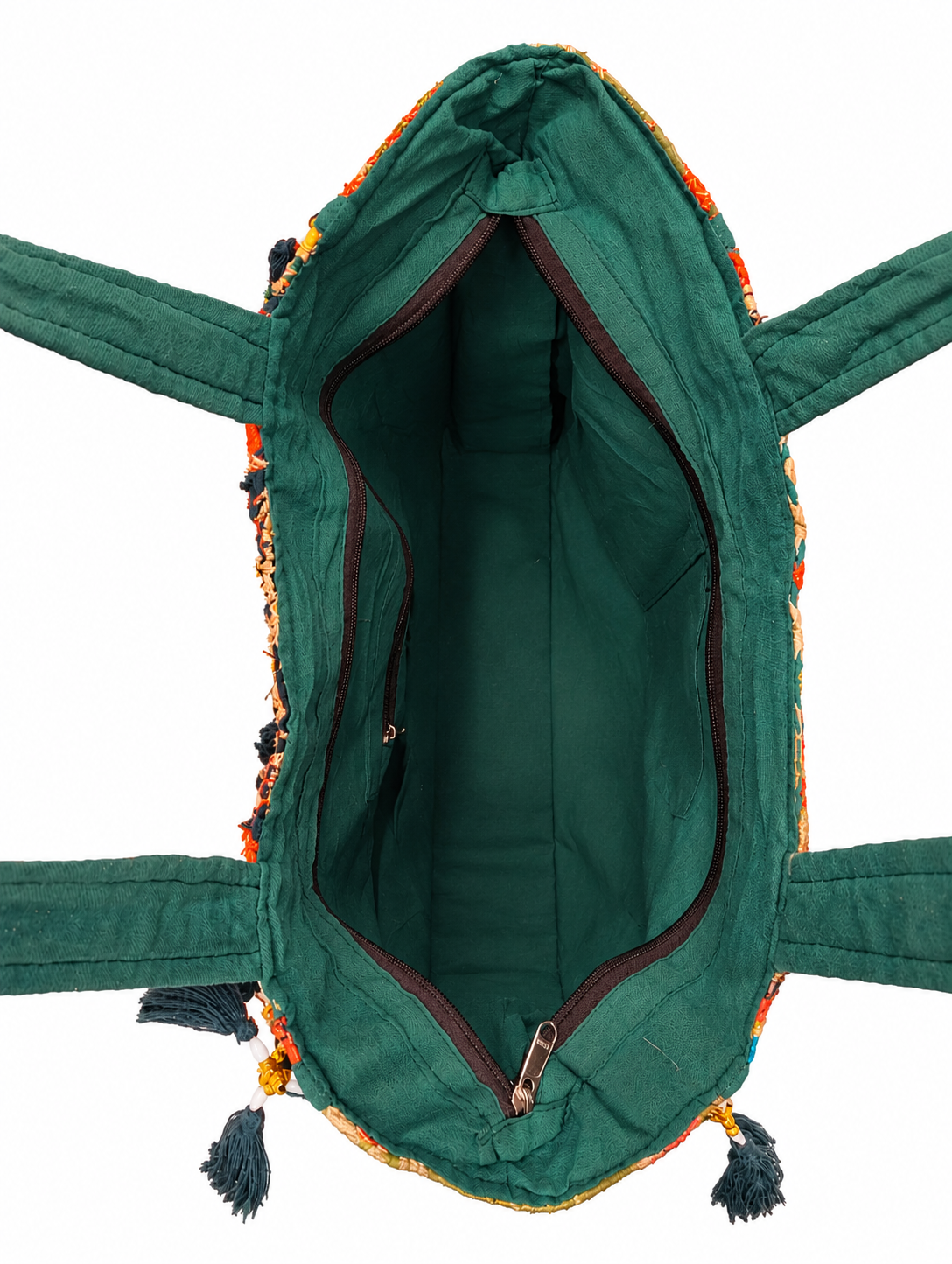 Image of Handmade Embroidered Green & Gold Bohemian Tote Bag with Tassels & Beaded Detailing | Amelie