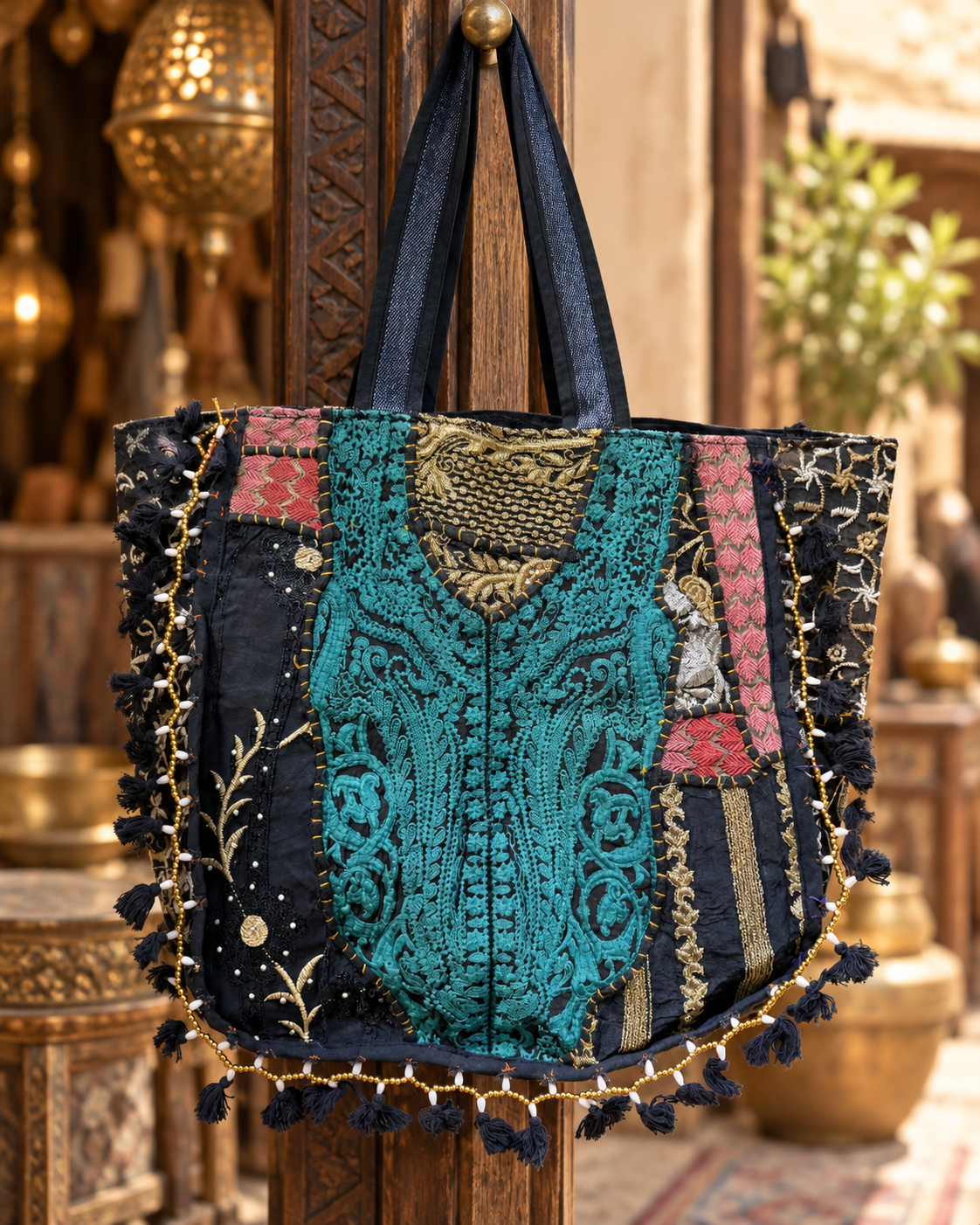 Image of Handmade Embroidered Black & Gold Bohemian Tote Bag with Tassel & Beaded Detailing | Celeste