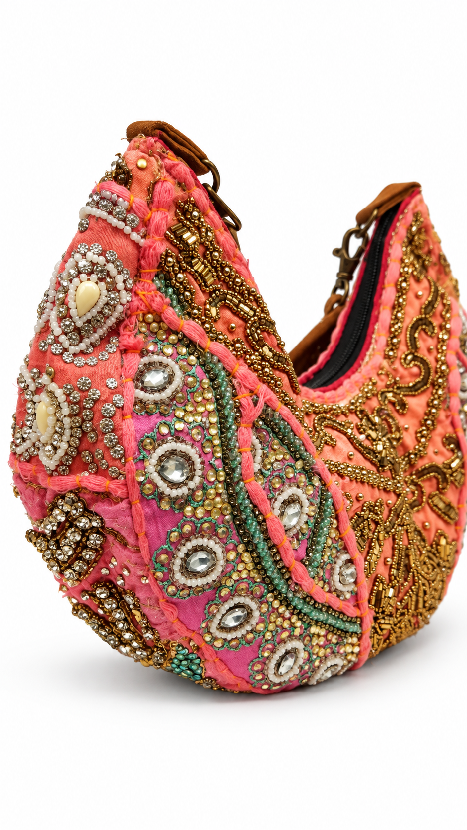 Image of Handmade Pink Beaded Embroidered Hobo Bag | Estelle