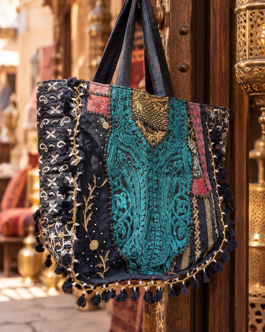 Image of Handmade Embroidered Black & Gold Bohemian Tote Bag with Tassel & Beaded Detailing | Celeste