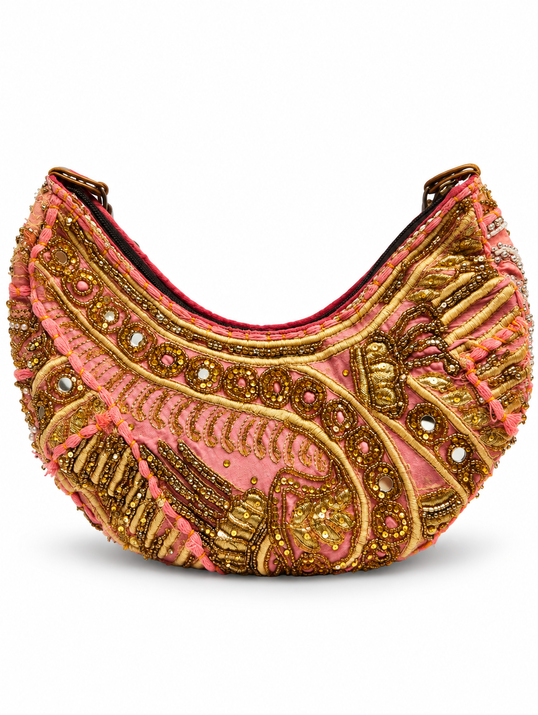 Image of Handmade Pink Beaded Embroidered Hobo Bag | Estelle