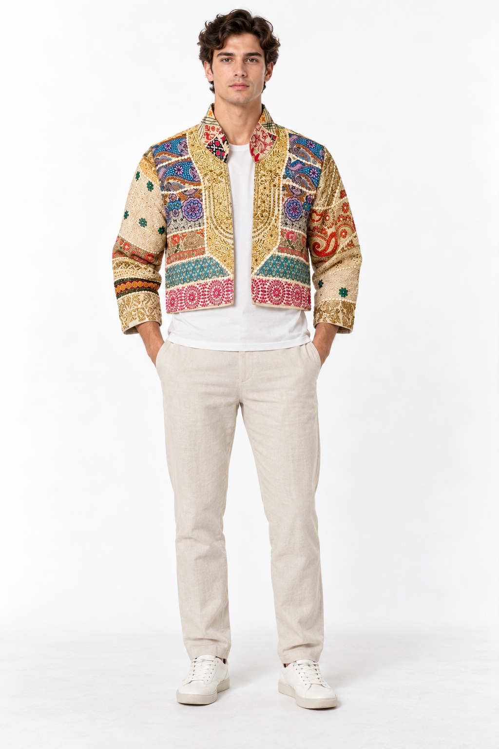 Image of Handmade Cream Patchwork Embroidered Jacket with Multicoloured Detailing | Zaina