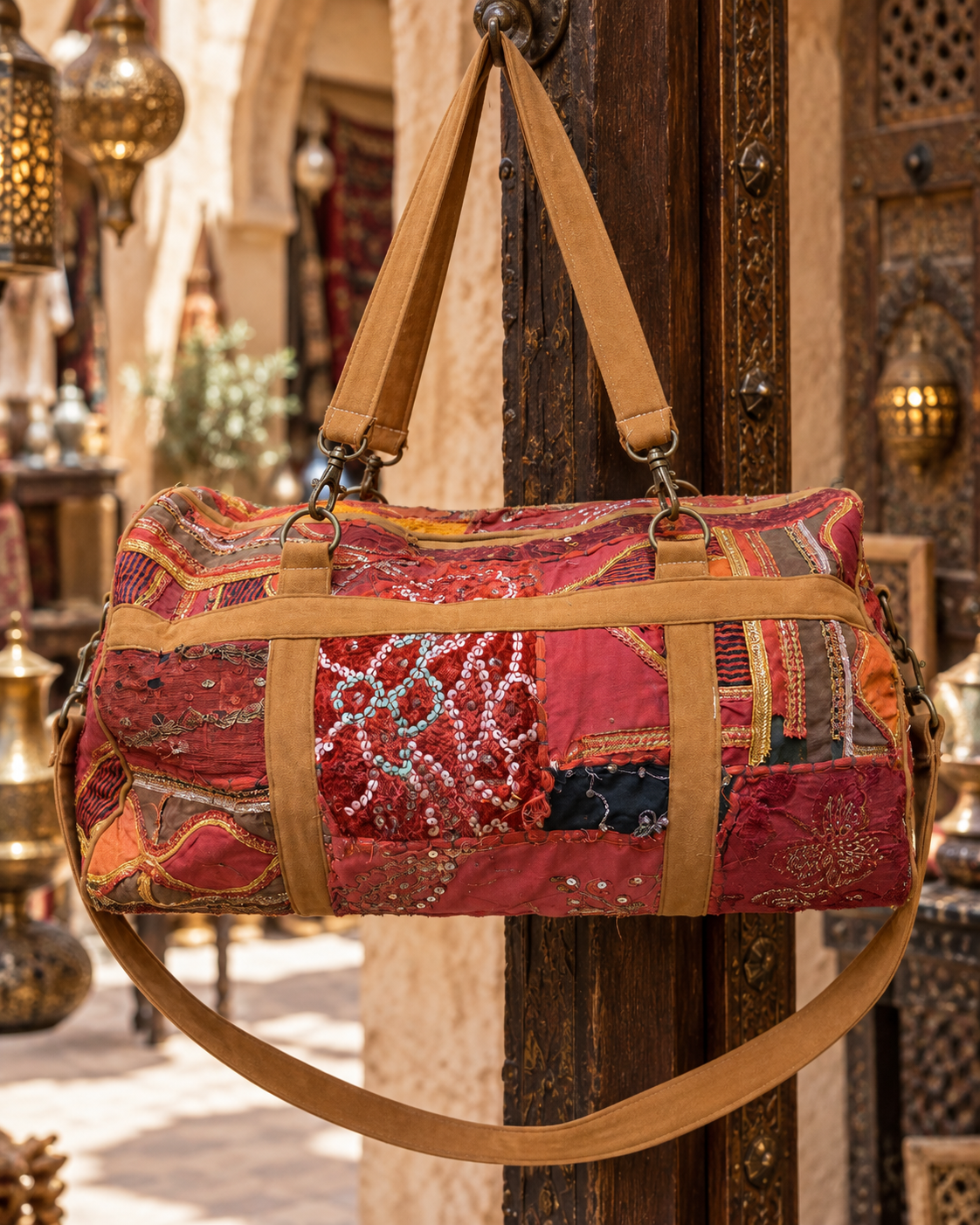Image of Handmade Embroidered Red & Burgundy Patchwork Duffle Bag with Sequin Detailing | Valentina