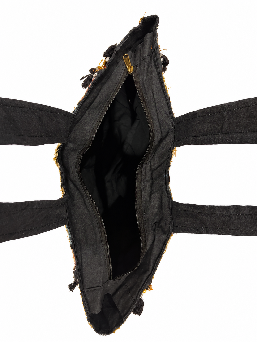 Image of Handmade Embroidered Black & Gold Bohemian Tote Bag with Tassel & Beaded Detailing | Celeste