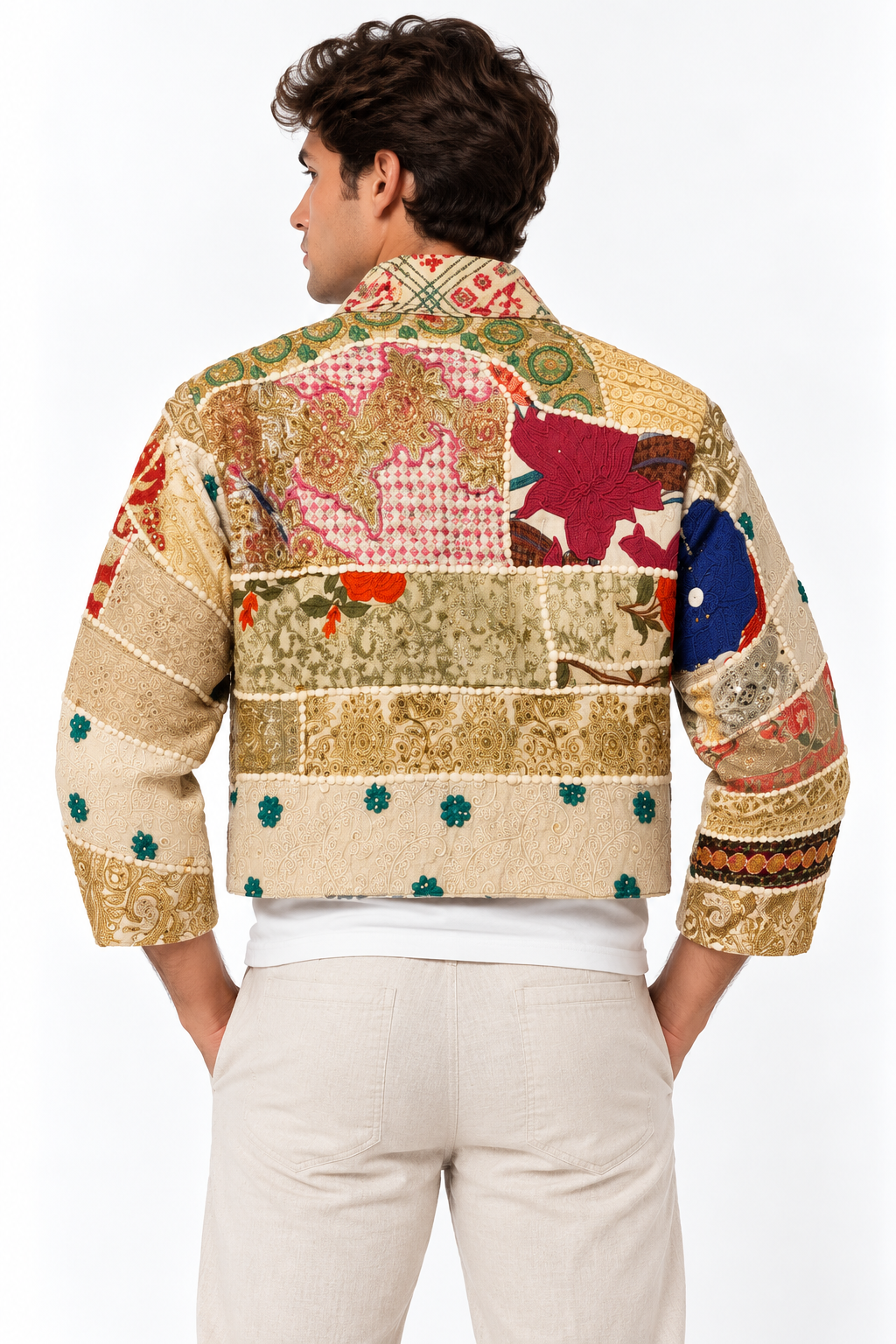 Image of Handmade Cream Patchwork Embroidered Jacket with Multicoloured Detailing | Zaina