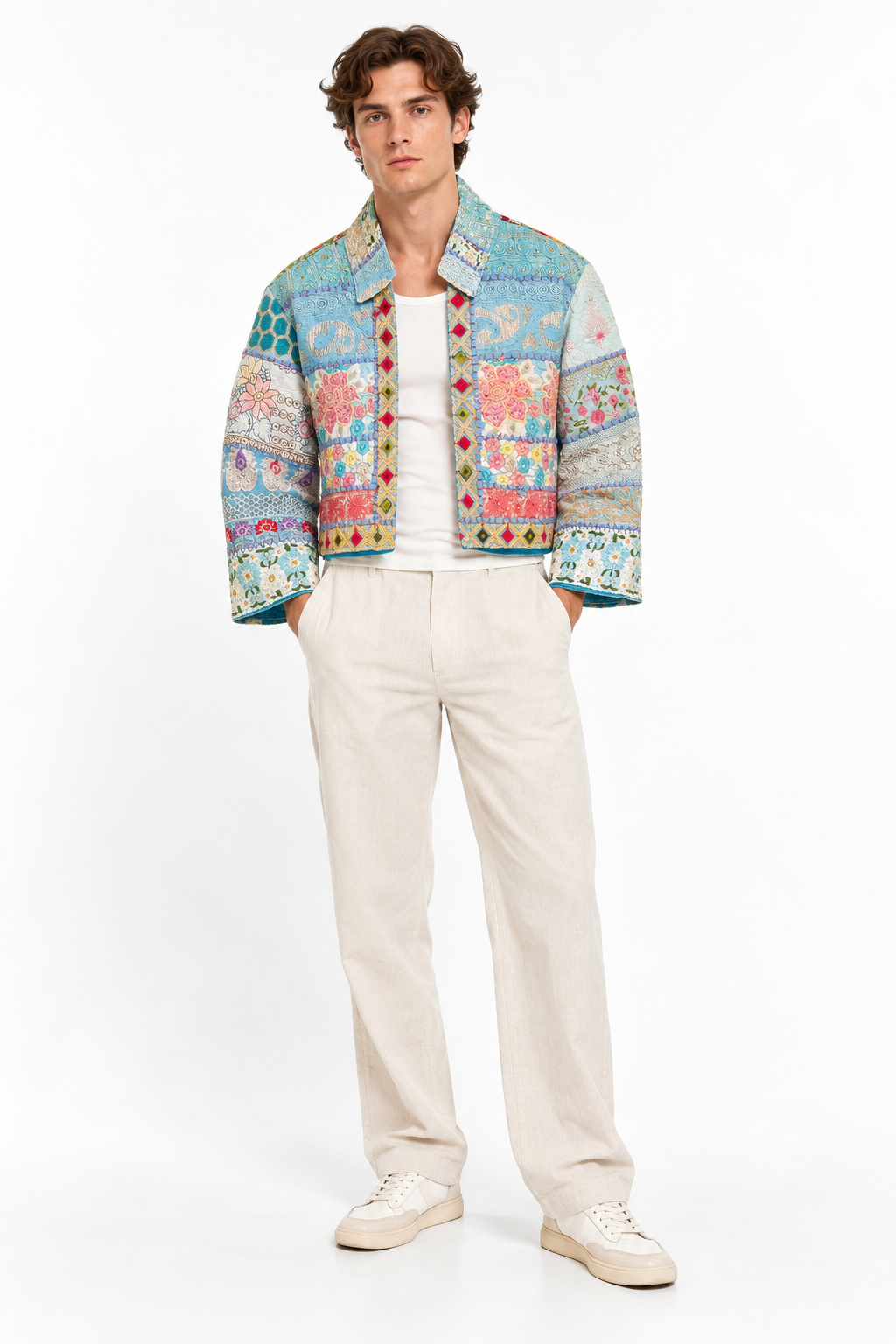 Image of Handmade Blue Patchwork Embroidered Jacket with Floral & Geometric Detailing | Elise