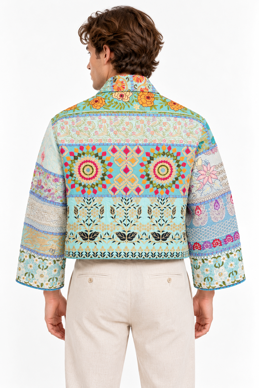 Image of Handmade Blue Patchwork Embroidered Jacket with Floral & Geometric Detailing | Elise