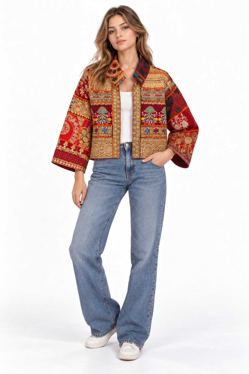 Image of Handmade Burgundy Embroidered Jacket with Gold & Multicoloured Detailing | Clara