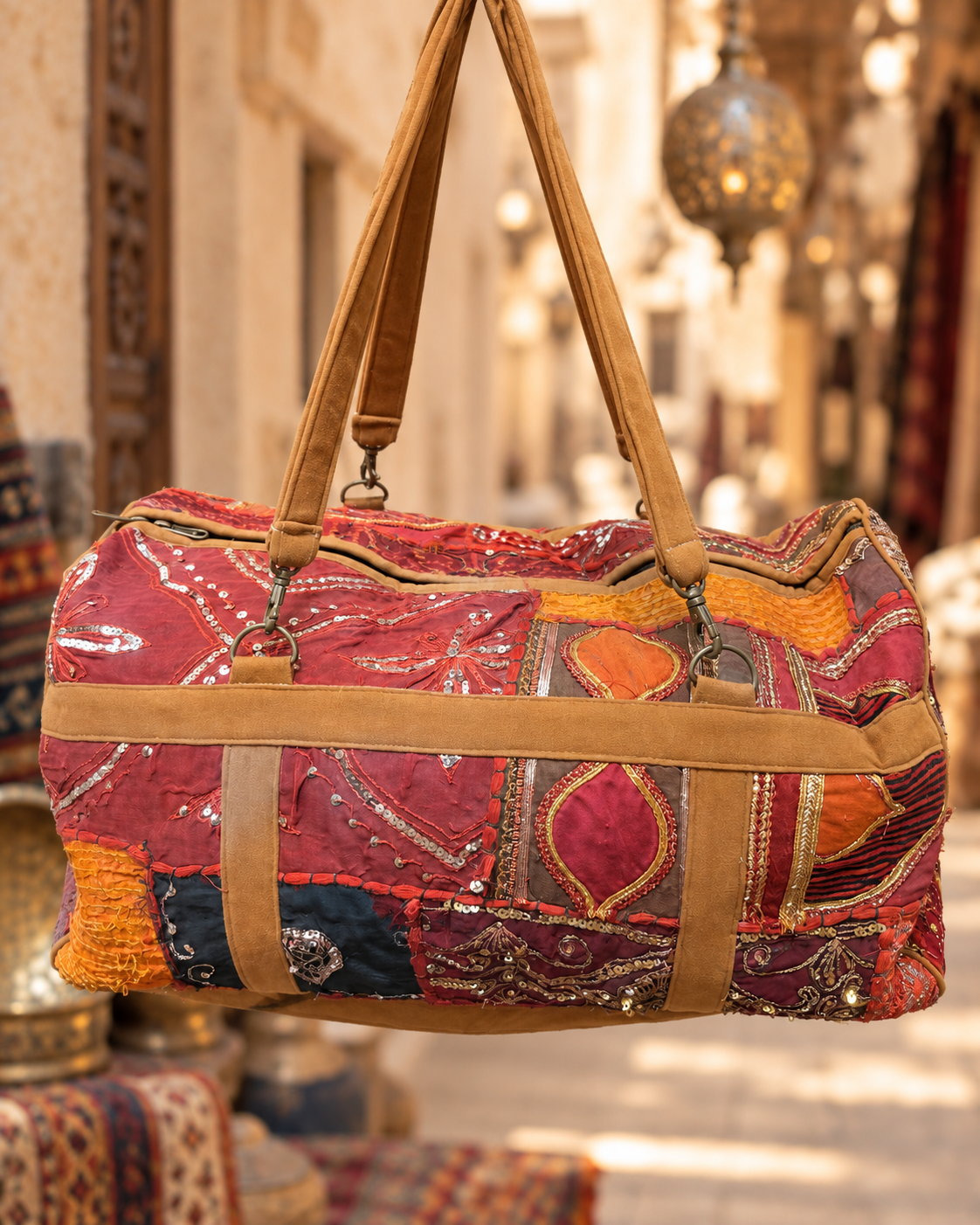Image of Handmade Embroidered Red & Burgundy Patchwork Duffle Bag with Sequin Detailing | Valentina