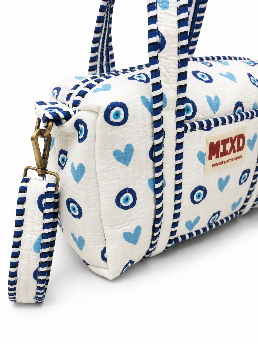Image of White Quilted Cotton Mini Duffle Bag with Blue Evil Eye & Heart Print | Basma