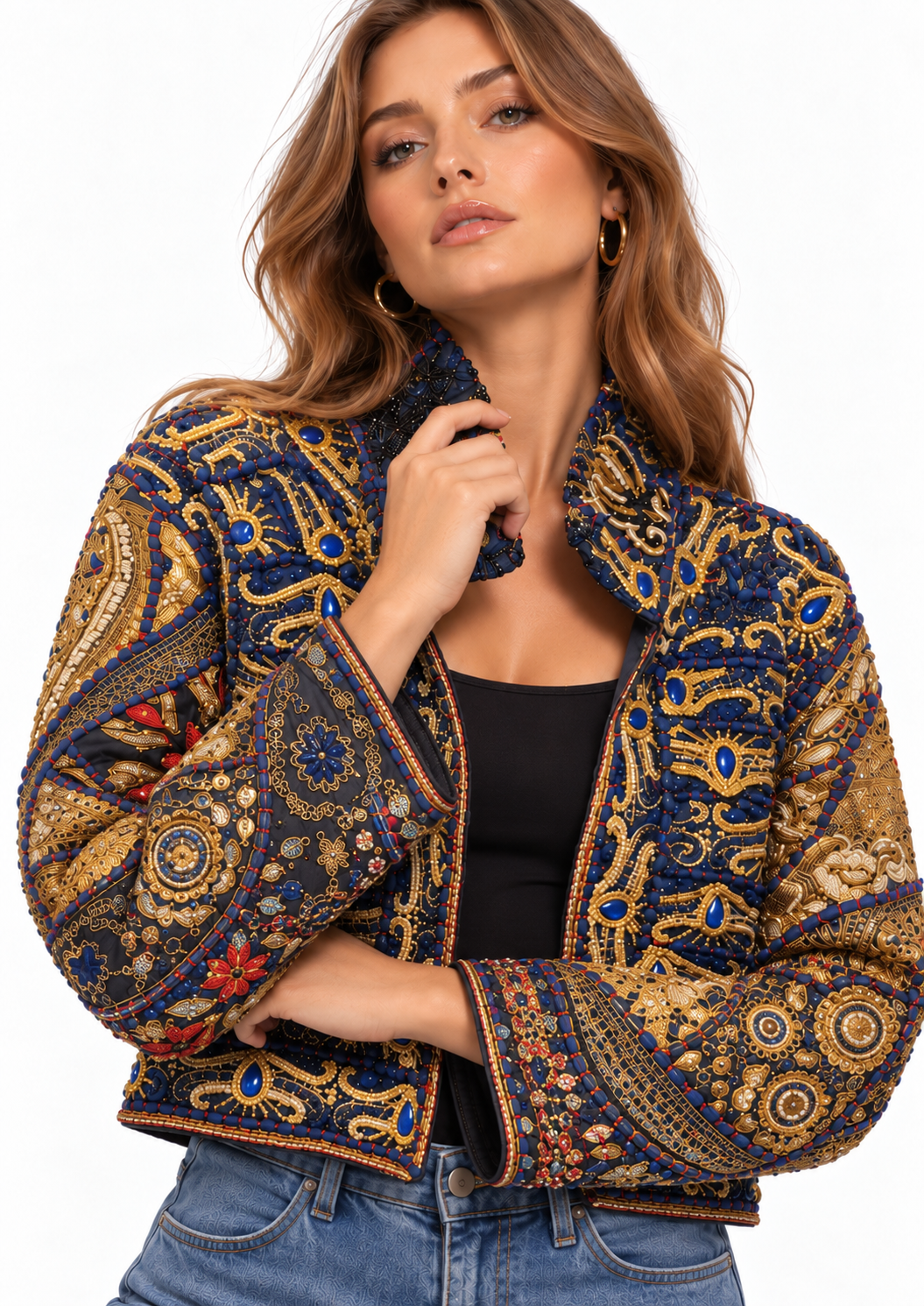 Image of Navy Embroidered Jacket with Gold & Blue Beaded Detailing | Elodie