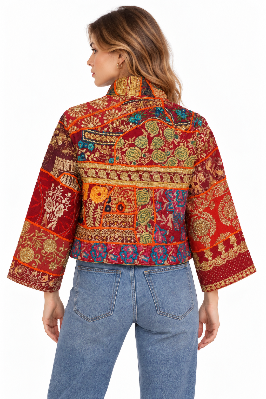 Image of Handmade Burgundy Embroidered Jacket with Gold & Multicoloured Detailing | Clara