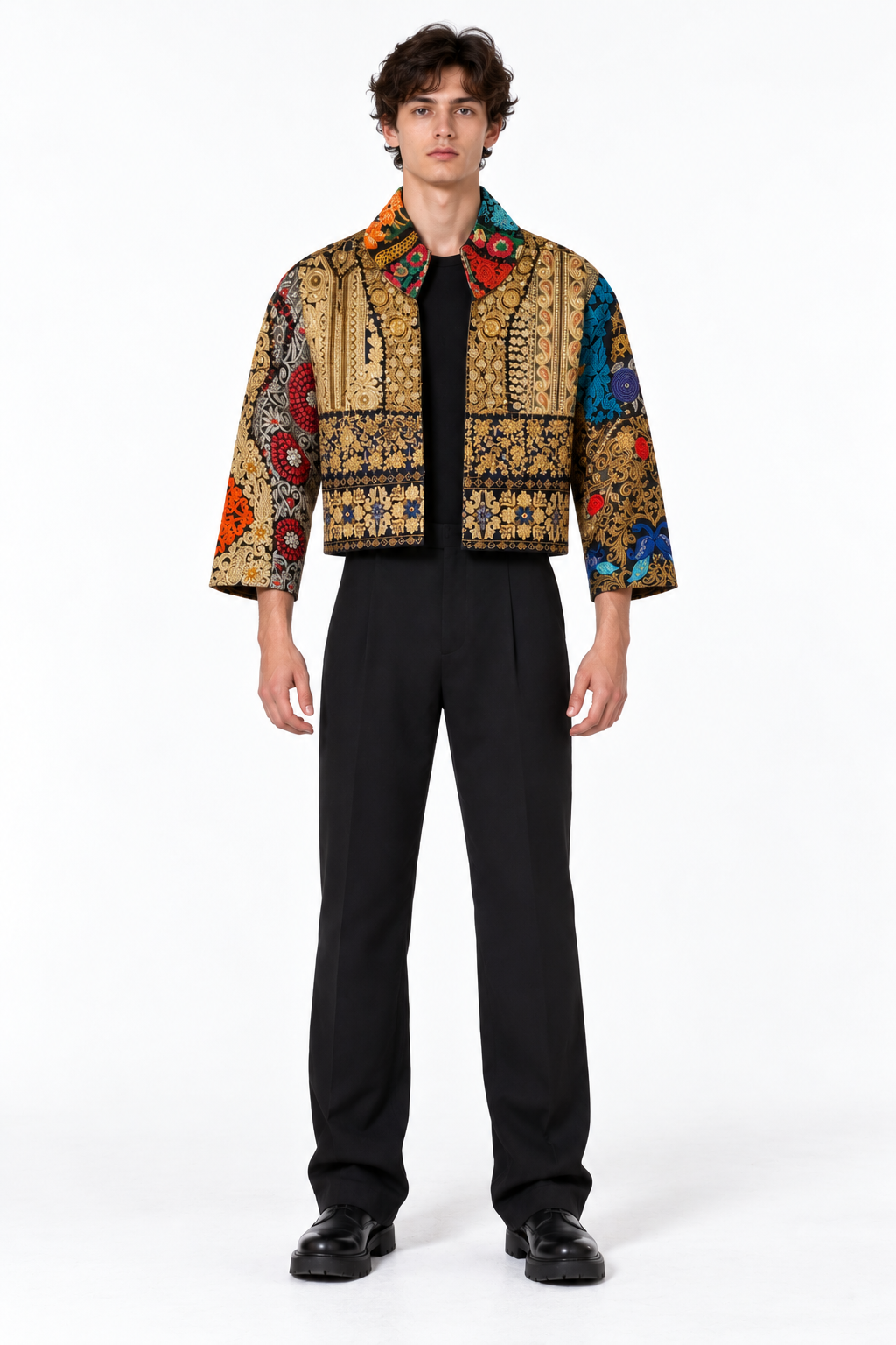 Image of Handmade Black Embroidered Jacket with Gold Detailing & Colourful Floral Motifs | Julien