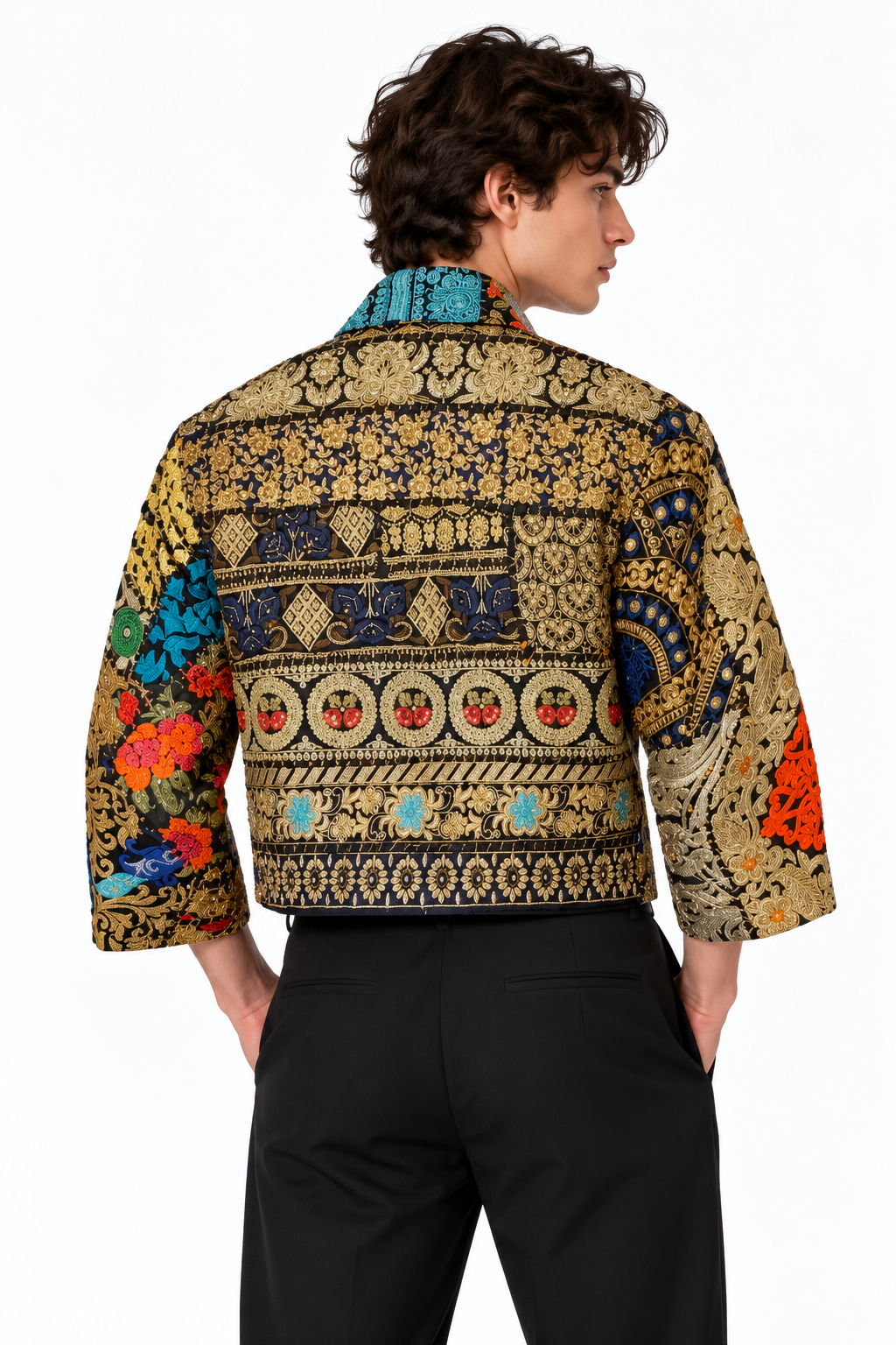 Image of Handmade Black Embroidered Jacket with Gold Detailing & Colourful Floral Motifs | Julien