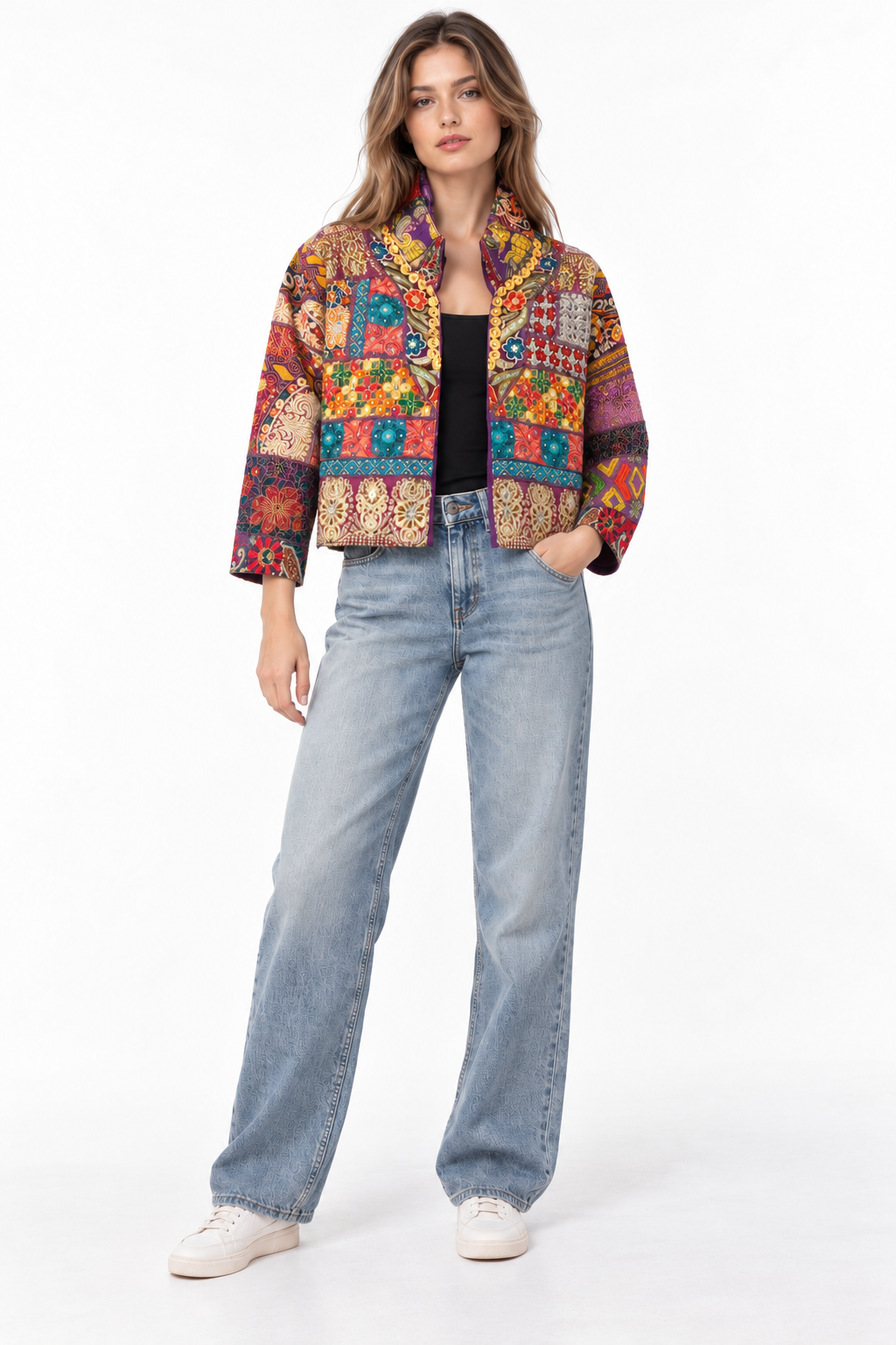 Image of Handmade Multicoloured Patchwork Embroidered Jacket with Floral Detailing | Camille