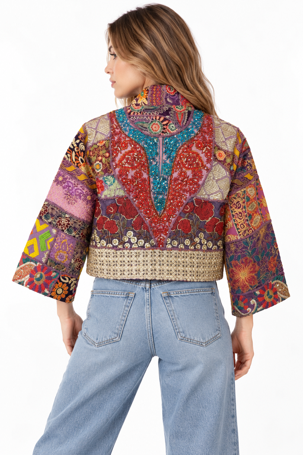 Image of Handmade Multicoloured Patchwork Embroidered Jacket with Floral Detailing | Camille
