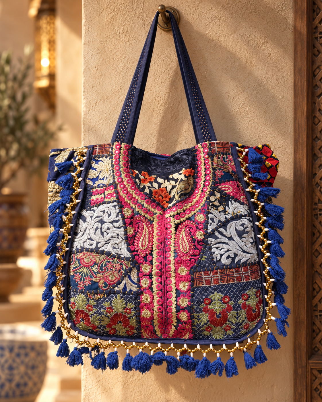 Image of Handmade Embroidered Navy Blue Patchwork Tote Bag with Tassels & Beaded Detailing | Elara