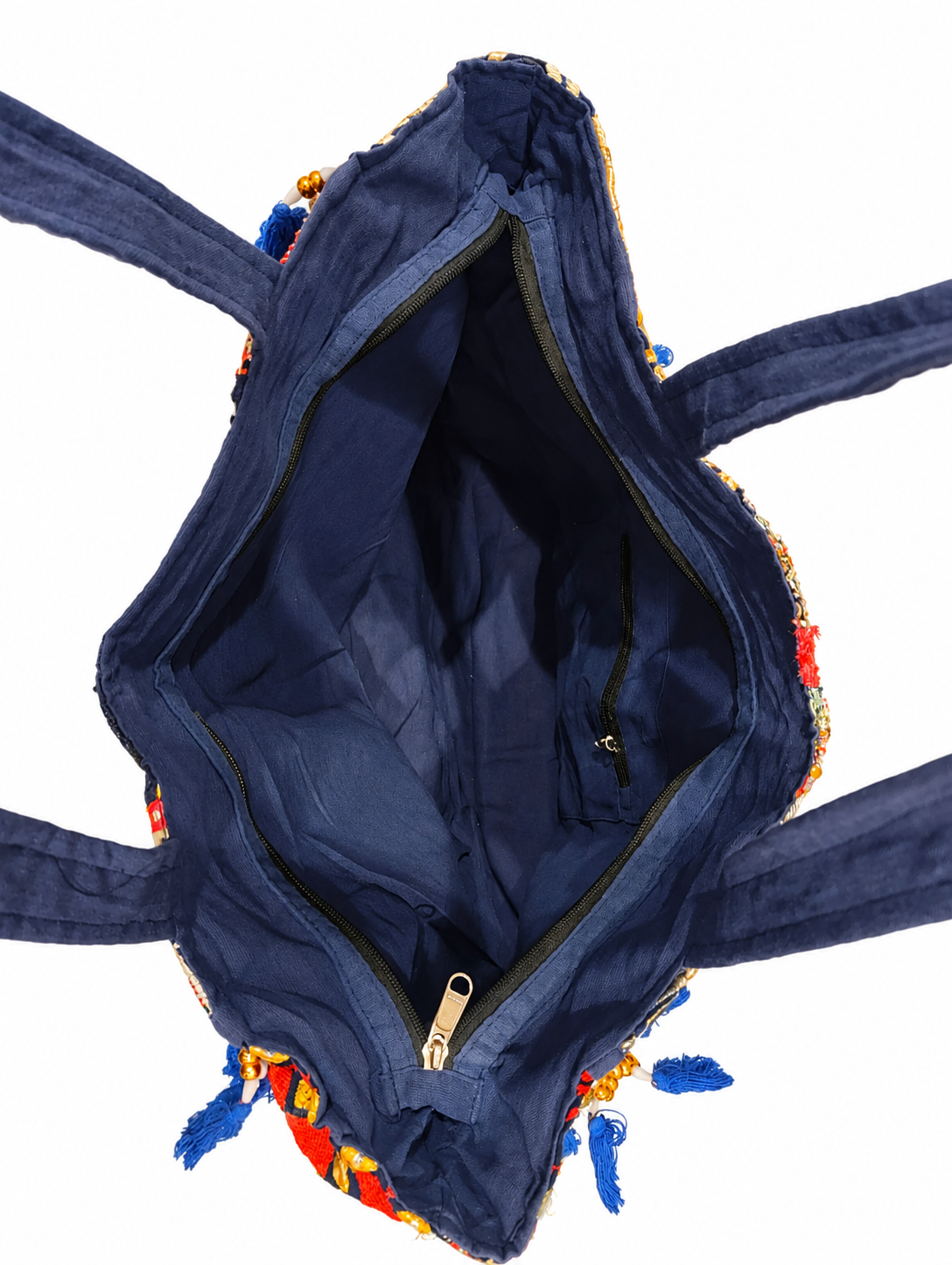 Image of Handmade Embroidered Navy Blue Patchwork Tote Bag with Tassels & Beaded Detailing | Elara