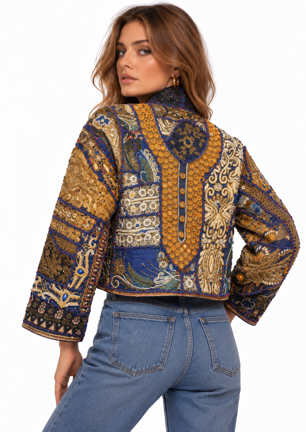 Image of Navy Embroidered Jacket with Gold & Blue Beaded Detailing | Elodie