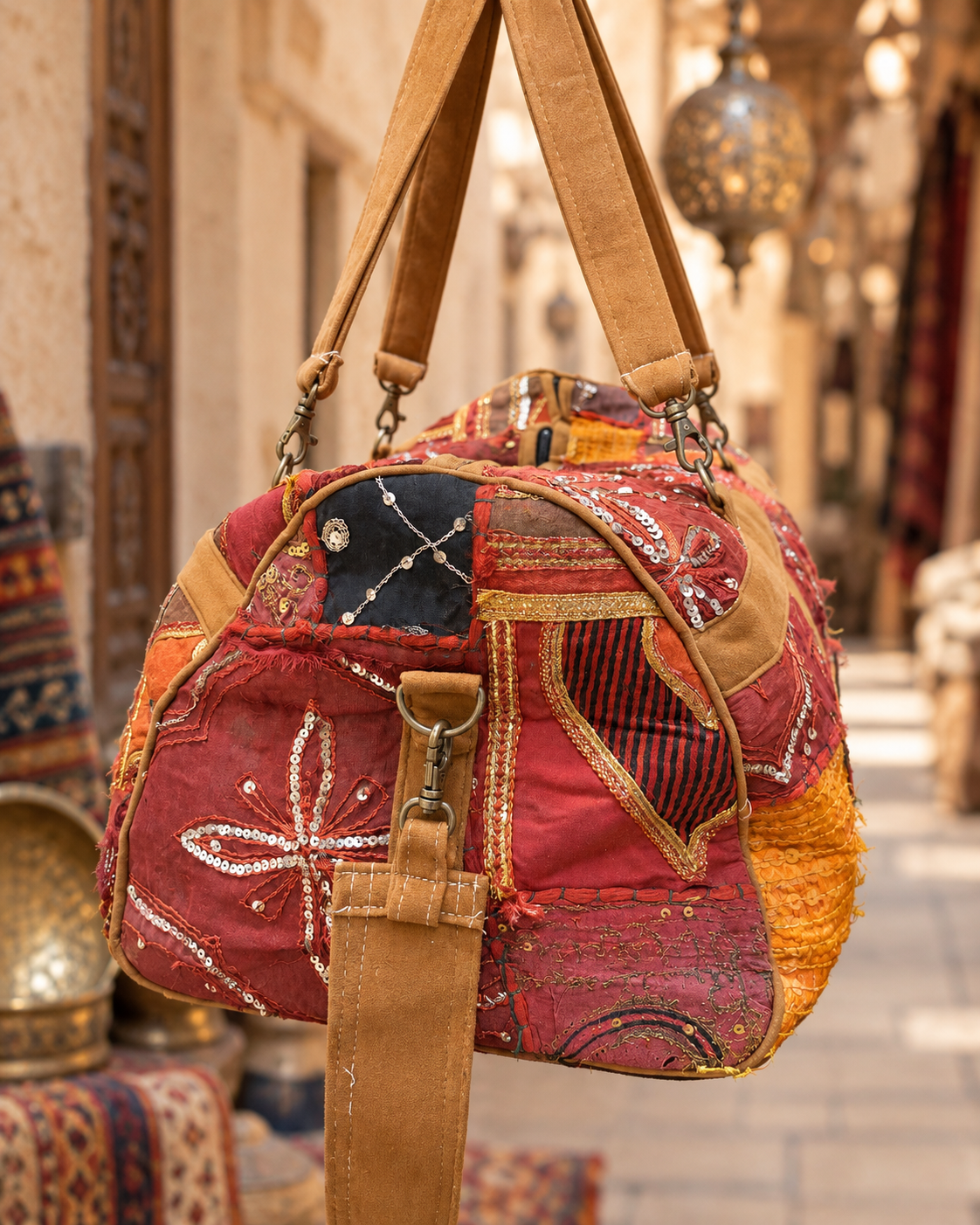 Image of Handmade Embroidered Red & Burgundy Patchwork Duffle Bag with Sequin Detailing | Valentina