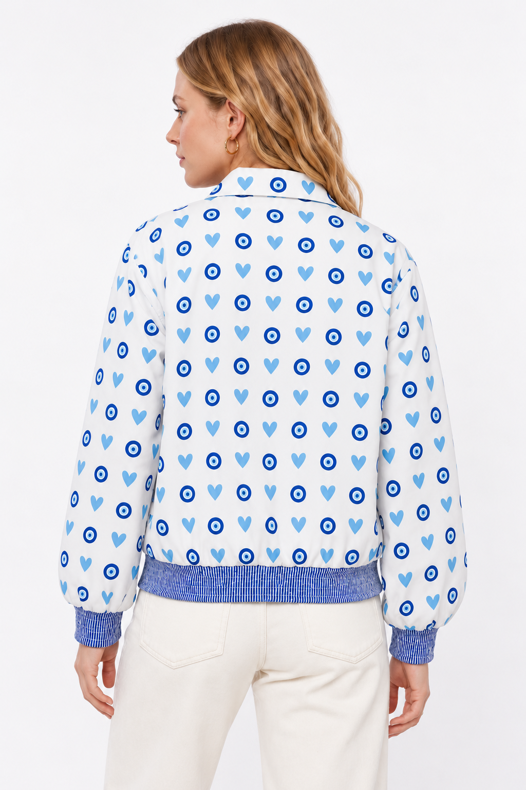 Image of White Reversible Cotton Bomber Jacket with Blue Evil Eye & Heart Print | Ayla
