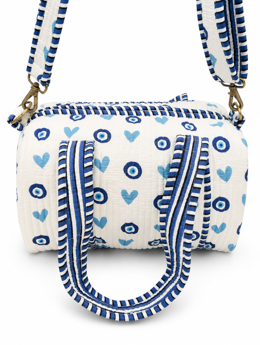 Image of White Quilted Cotton Mini Duffle Bag with Blue Evil Eye & Heart Print | Basma