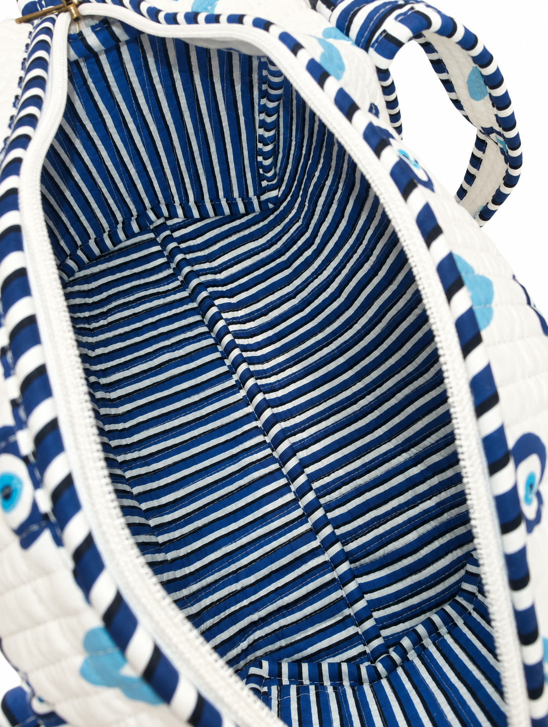 Image of White Quilted Cotton Mini Duffle Bag with Blue Evil Eye & Heart Print | Basma