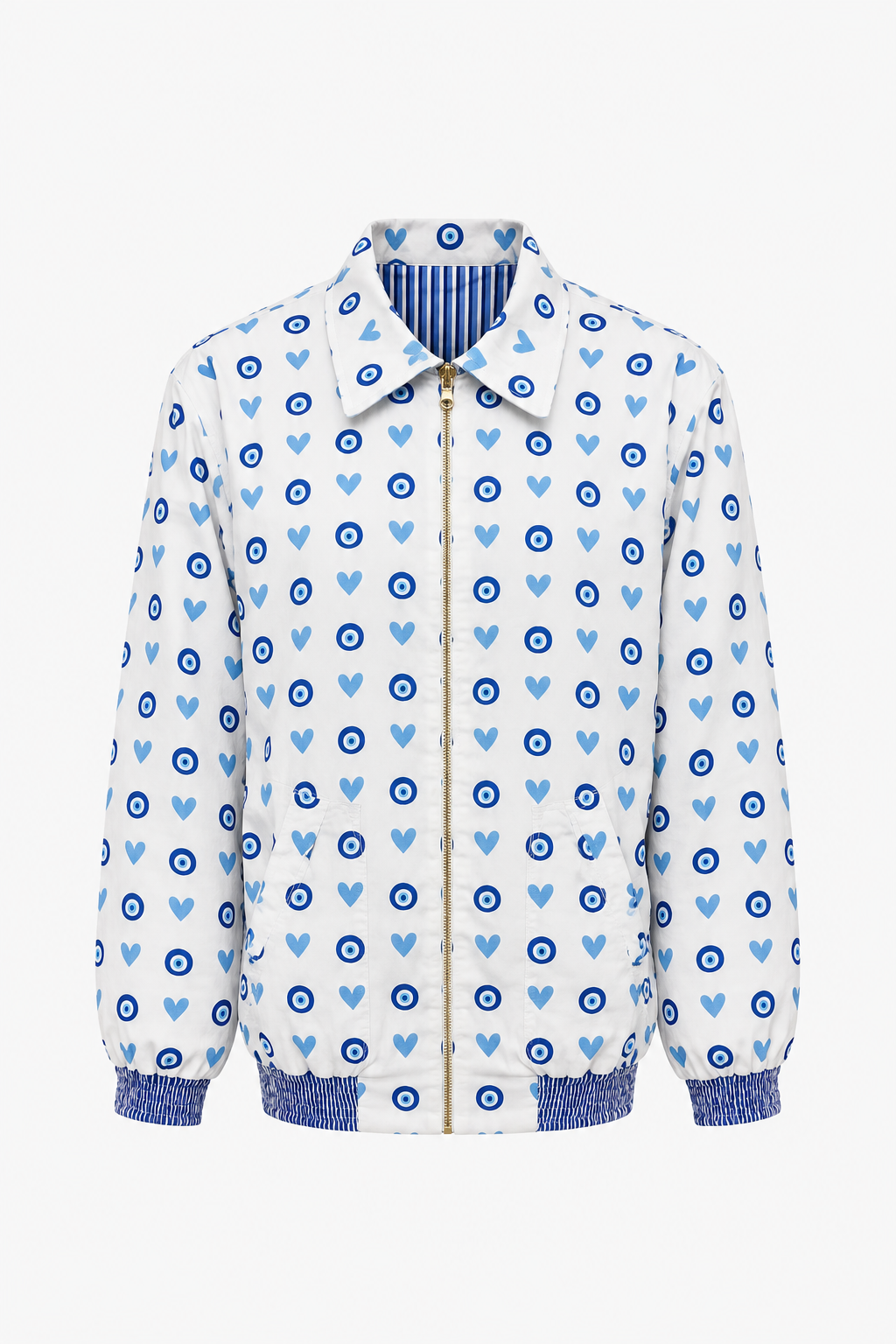 Image of White Reversible Cotton Bomber Jacket with Blue Evil Eye & Heart Print | Ayla