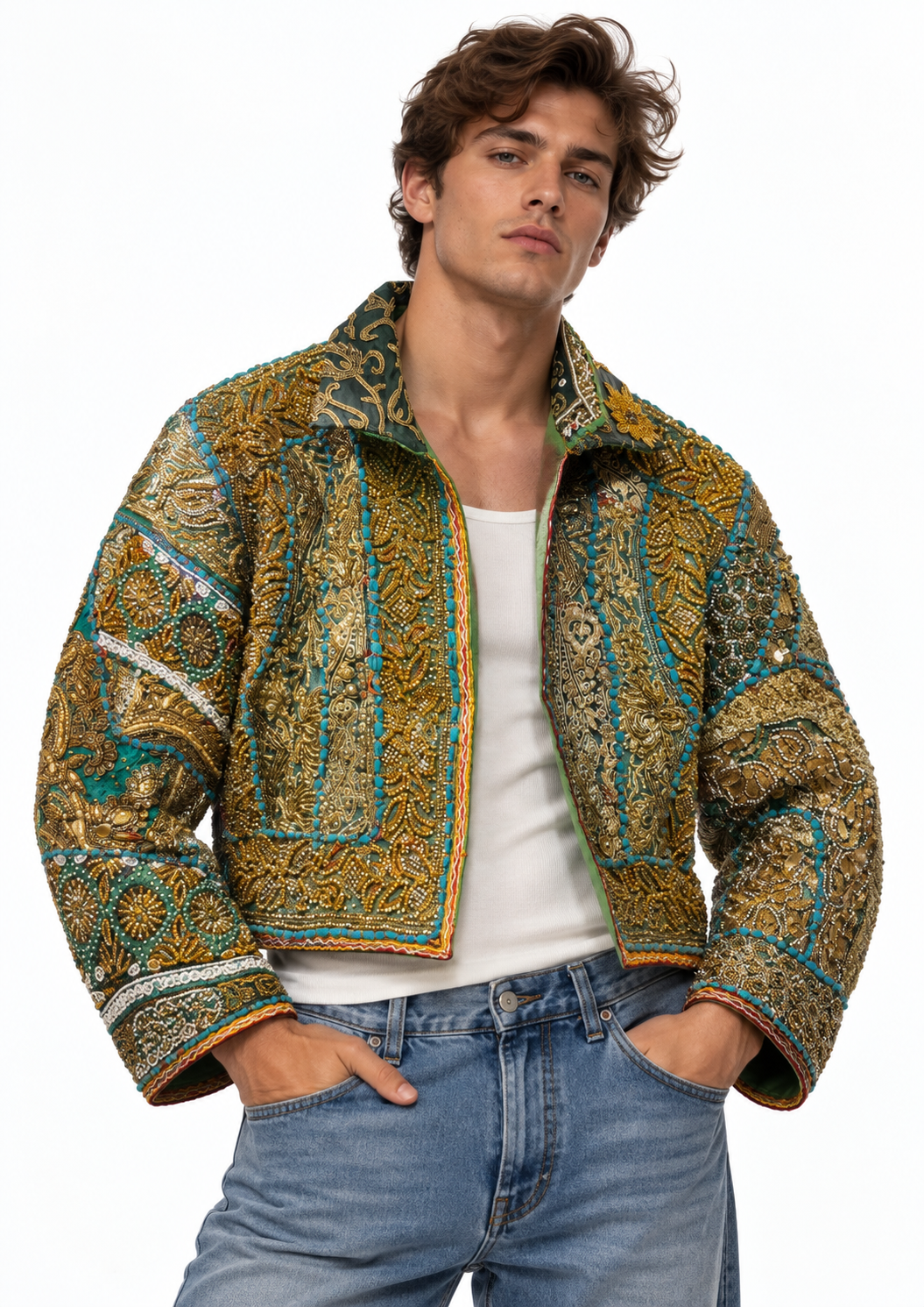 Image of Emerald Green Embroidered Jacket with Gold & Blue Beaded Detailing | Celeste