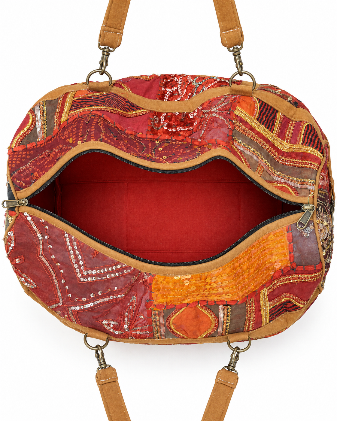 Image of Handmade Embroidered Red & Burgundy Patchwork Duffle Bag with Sequin Detailing | Valentina