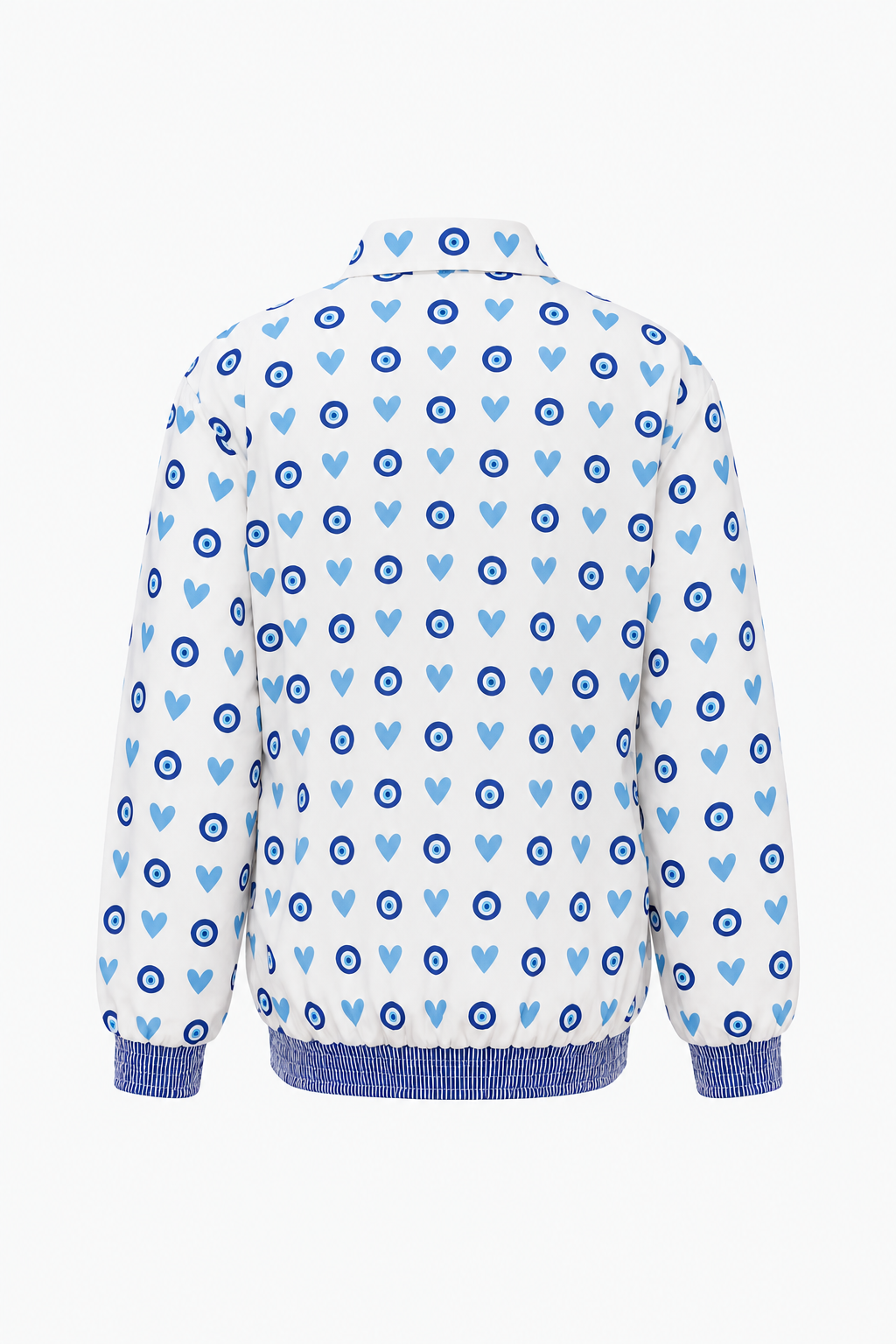 Image of White Reversible Cotton Bomber Jacket with Blue Evil Eye & Heart Print | Ayla