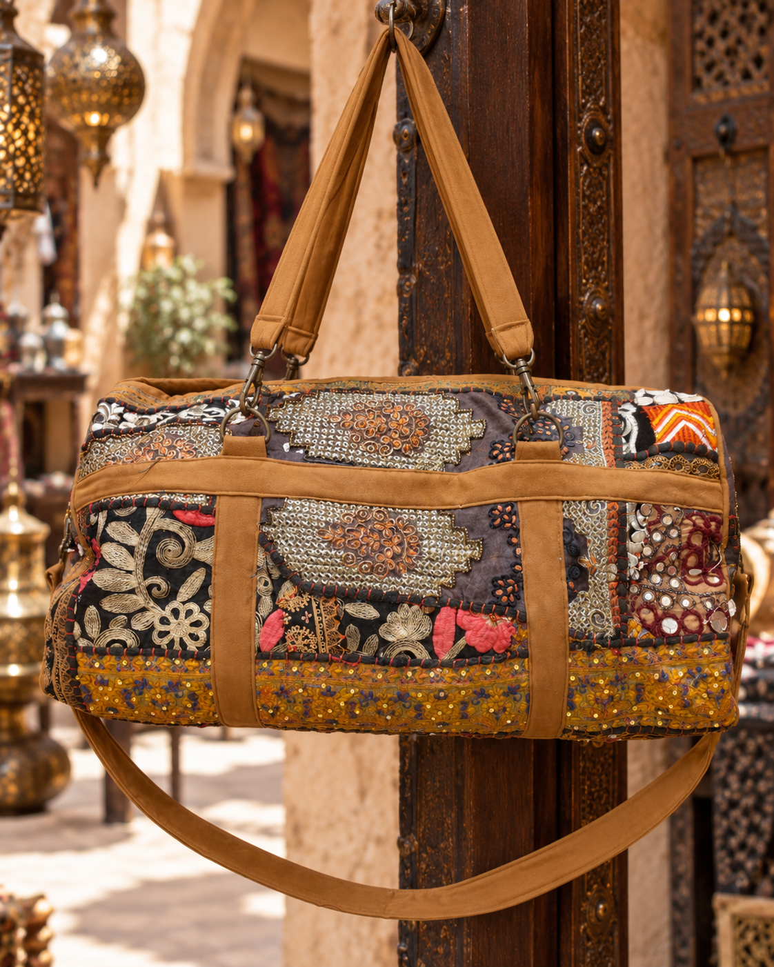 Image of Handmade Embroidered Patchwork Duffle Bag with Mirror & Sequin Detailing | Sofia