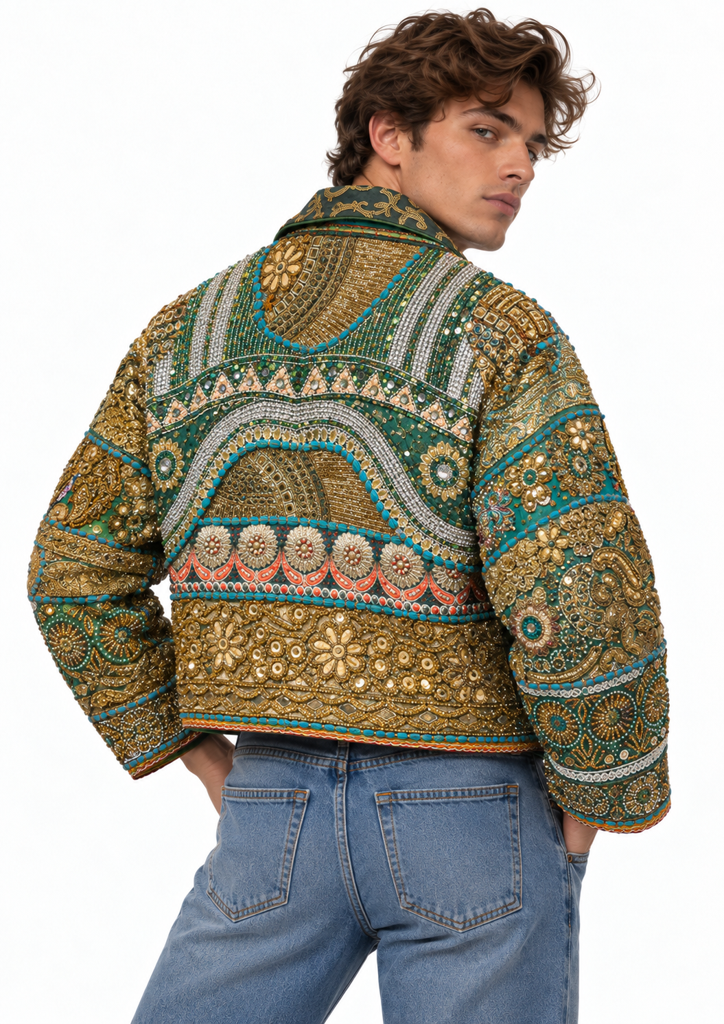 Image of Emerald Green Embroidered Jacket with Gold & Blue Beaded Detailing | Celeste