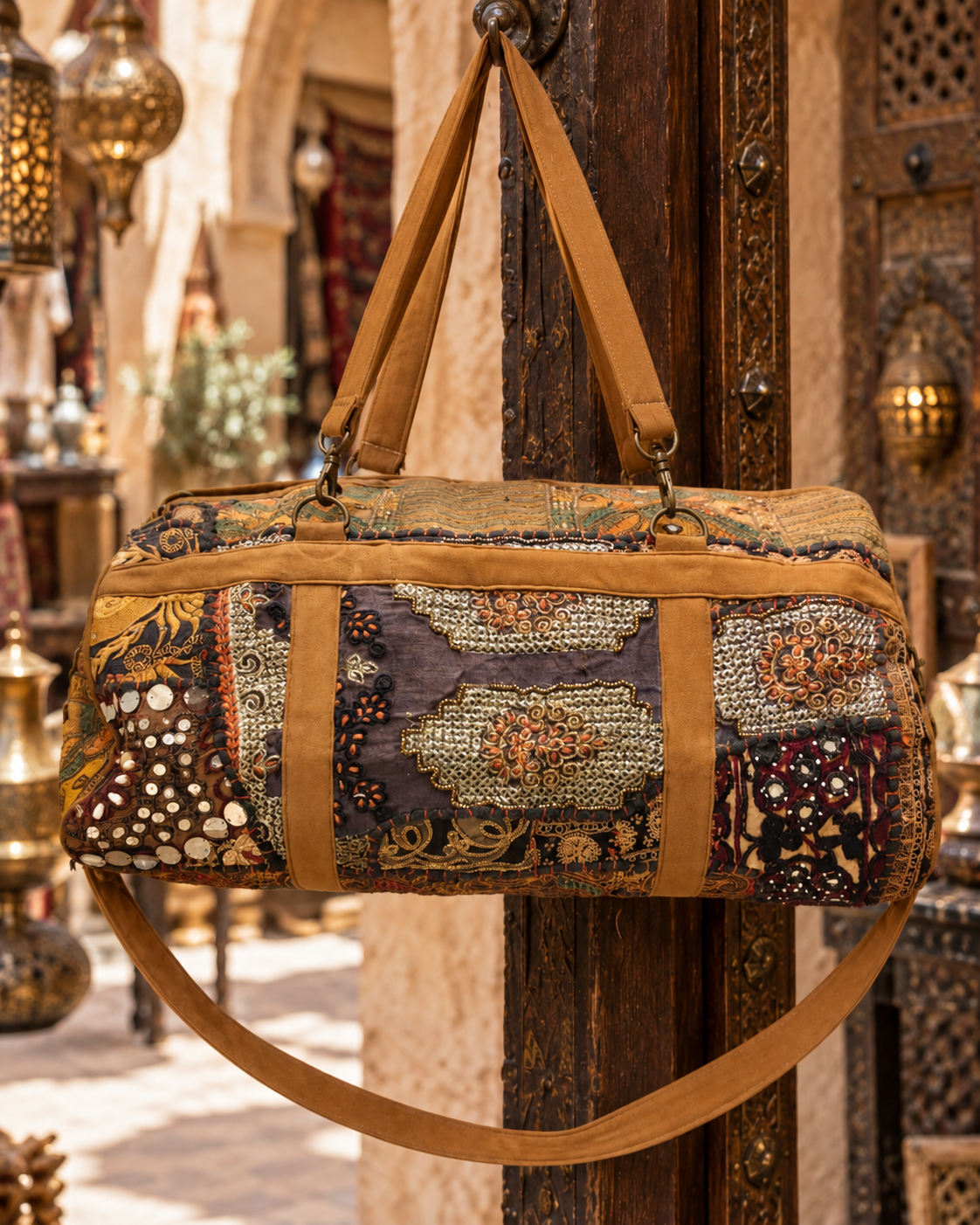 Image of Handmade Embroidered Patchwork Duffle Bag with Mirror & Sequin Detailing | Sofia