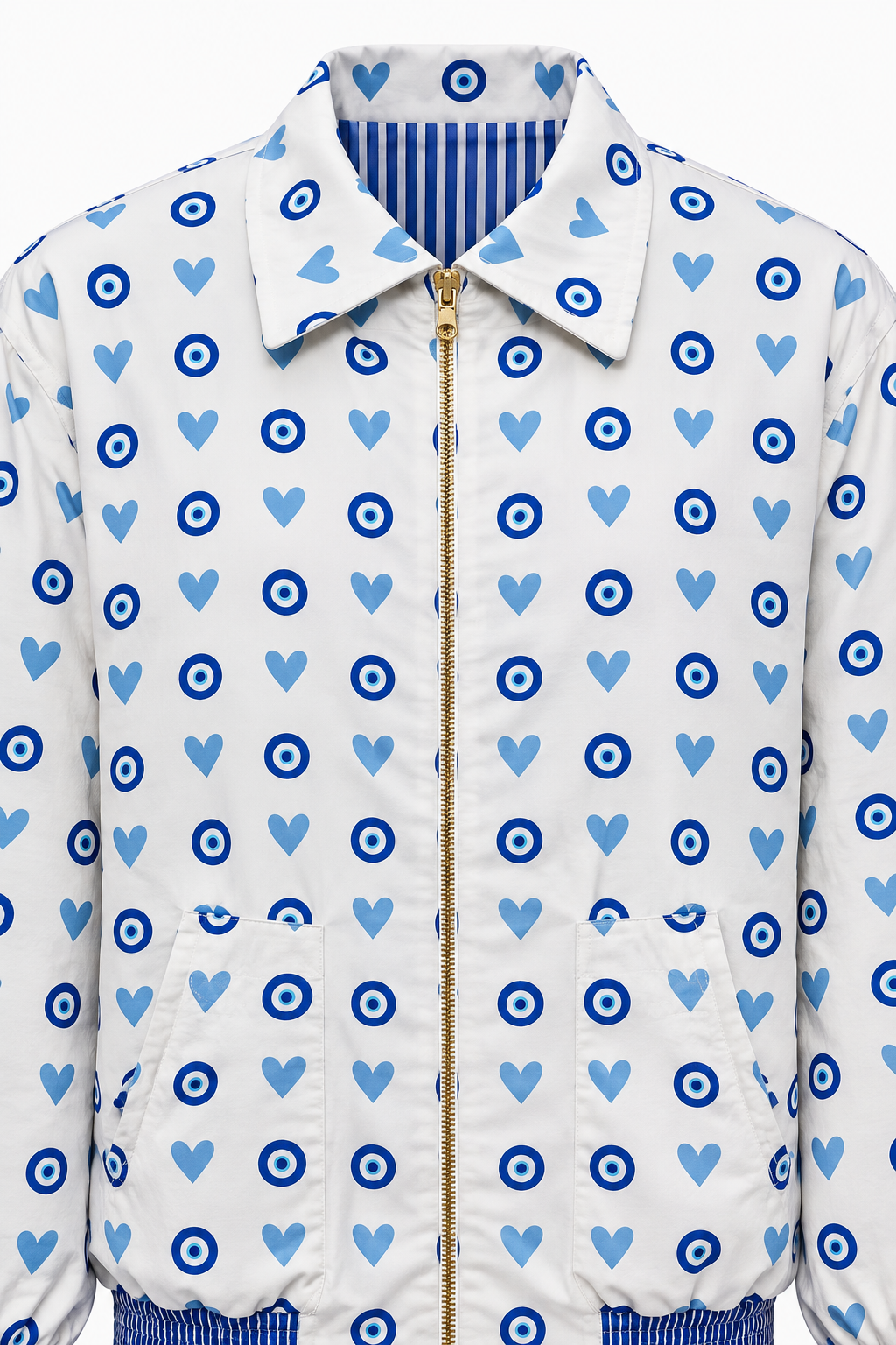 Image of White Reversible Cotton Bomber Jacket with Blue Evil Eye & Heart Print | Ayla