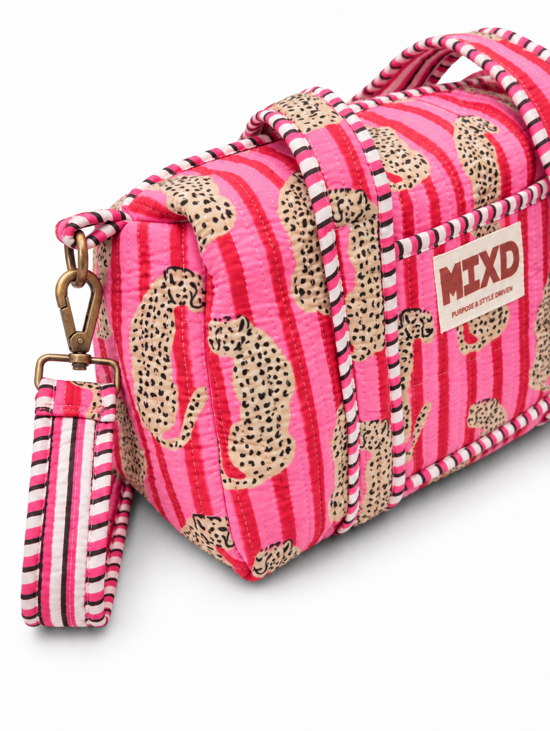 Image of Pink Quilted Cotton Mini Duffle Bag with Leopard Print & Striped Handles | Riva