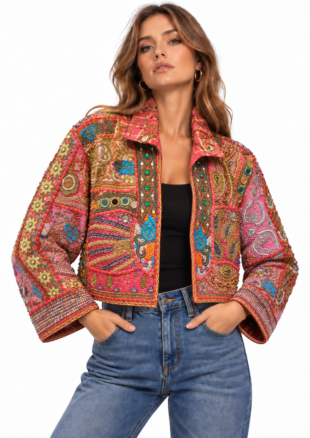 Image of Pink Embroidered Jacket with Multicolor Beaded Detailing | Amelie