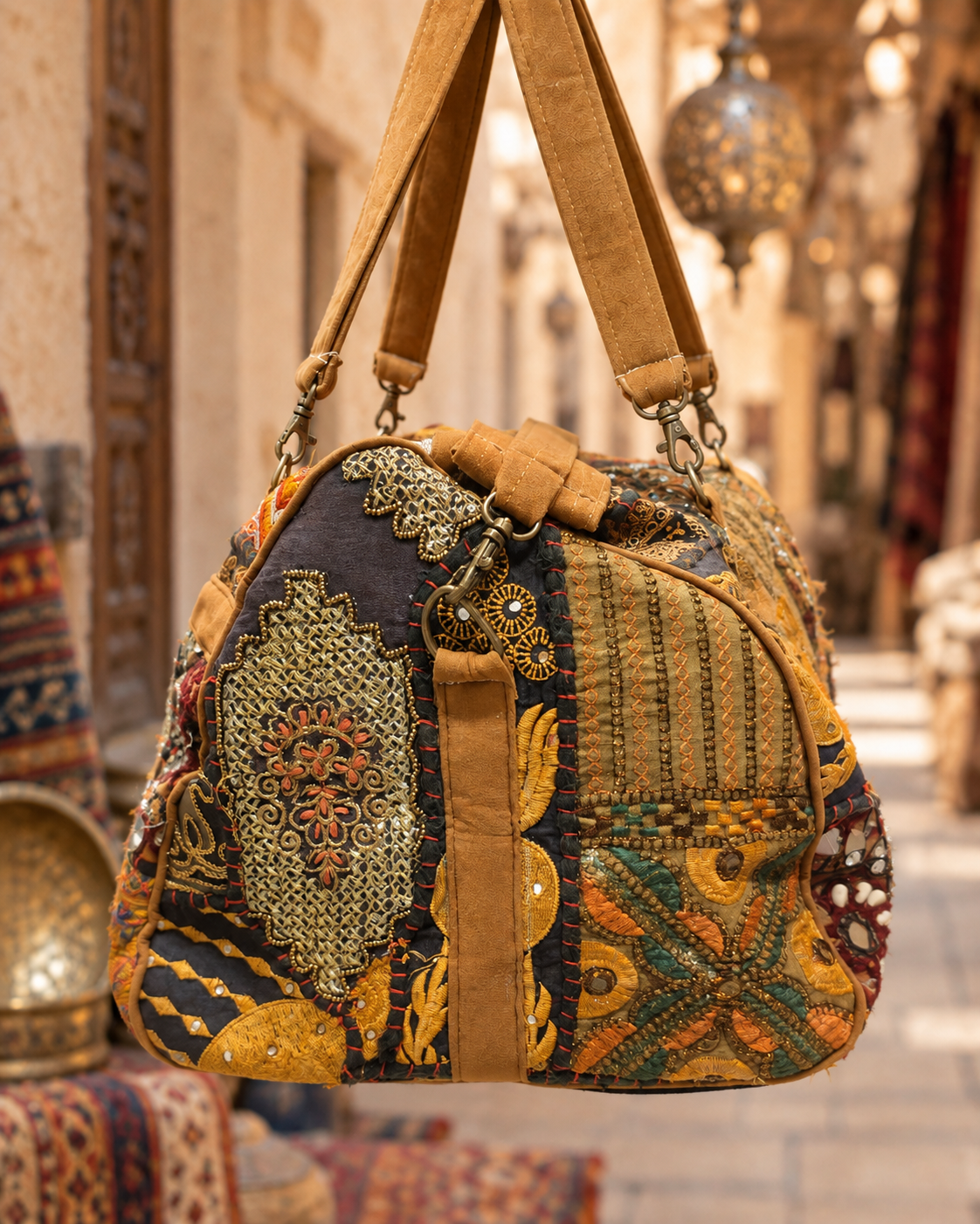 Image of Handmade Embroidered Patchwork Duffle Bag with Mirror & Sequin Detailing | Sofia