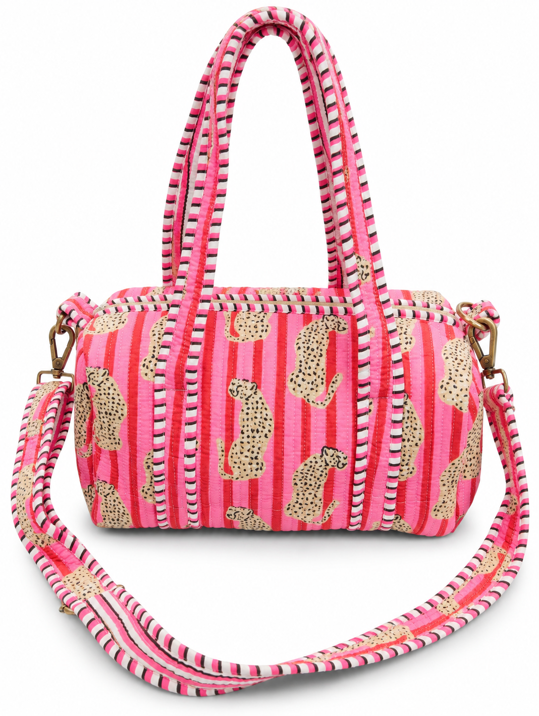 Image of Pink Quilted Cotton Mini Duffle Bag with Leopard Print & Striped Handles | Riva