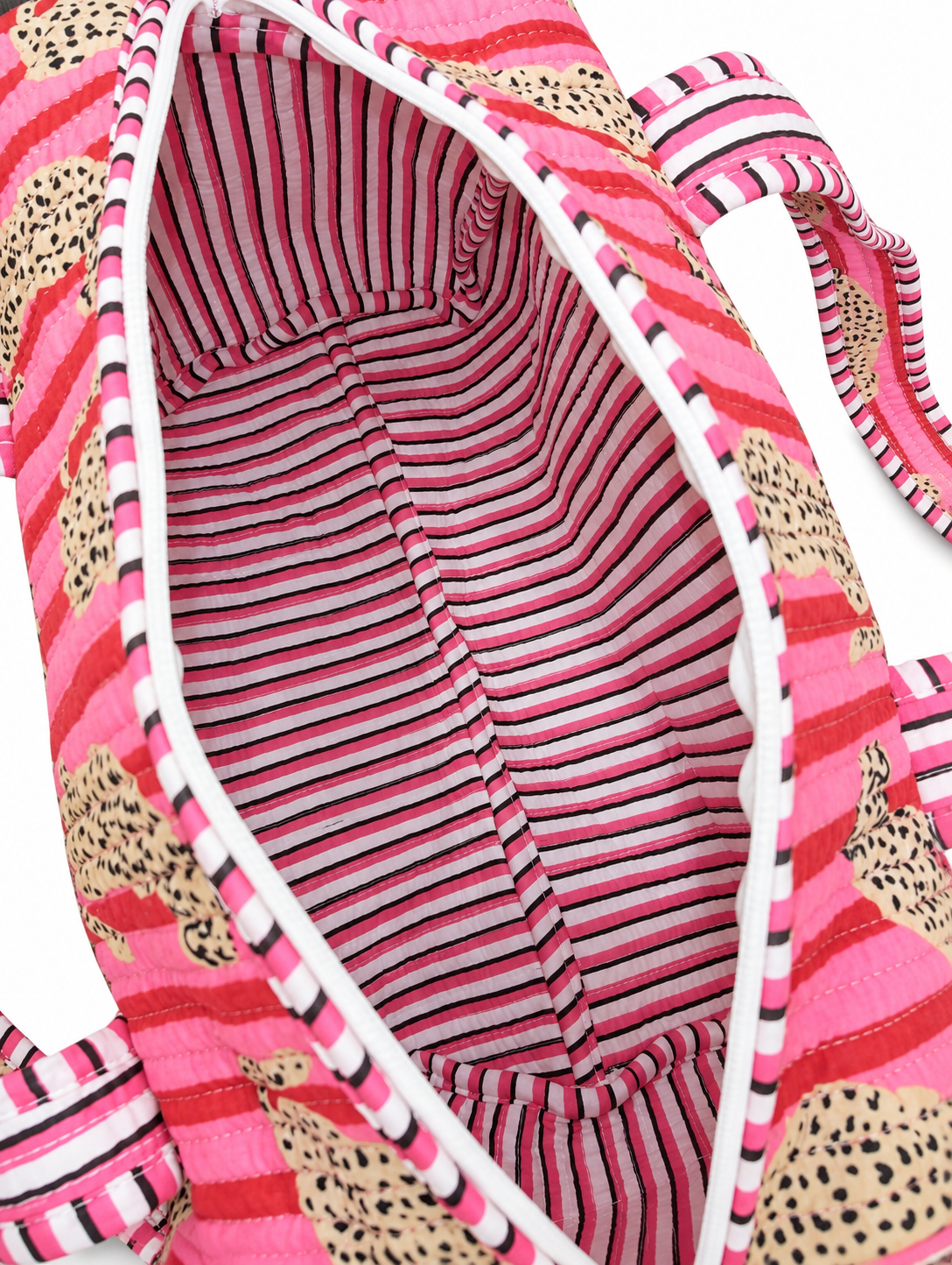 Image of Pink Quilted Cotton Mini Duffle Bag with Leopard Print & Striped Handles | Riva