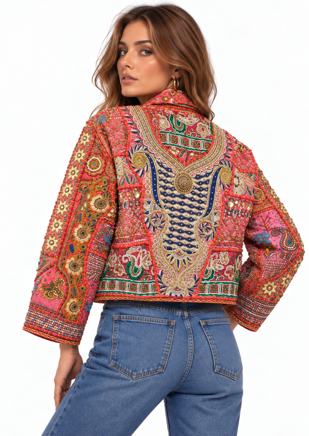 Image of Pink Embroidered Jacket with Multicolor Beaded Detailing | Amelie