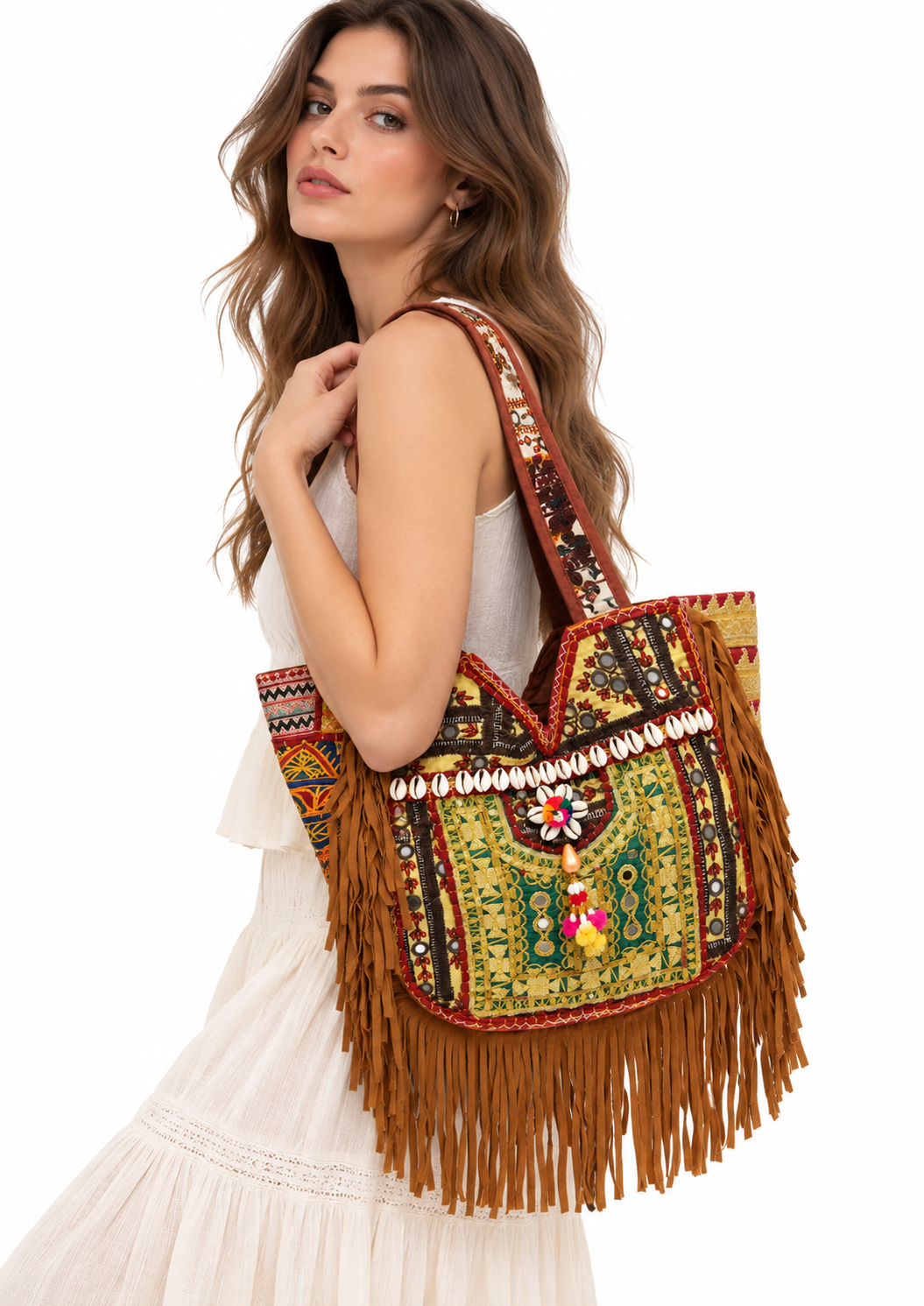 Image of Handmade Embroidered Fringe Tote Bag with Detailed Craft | Annalise