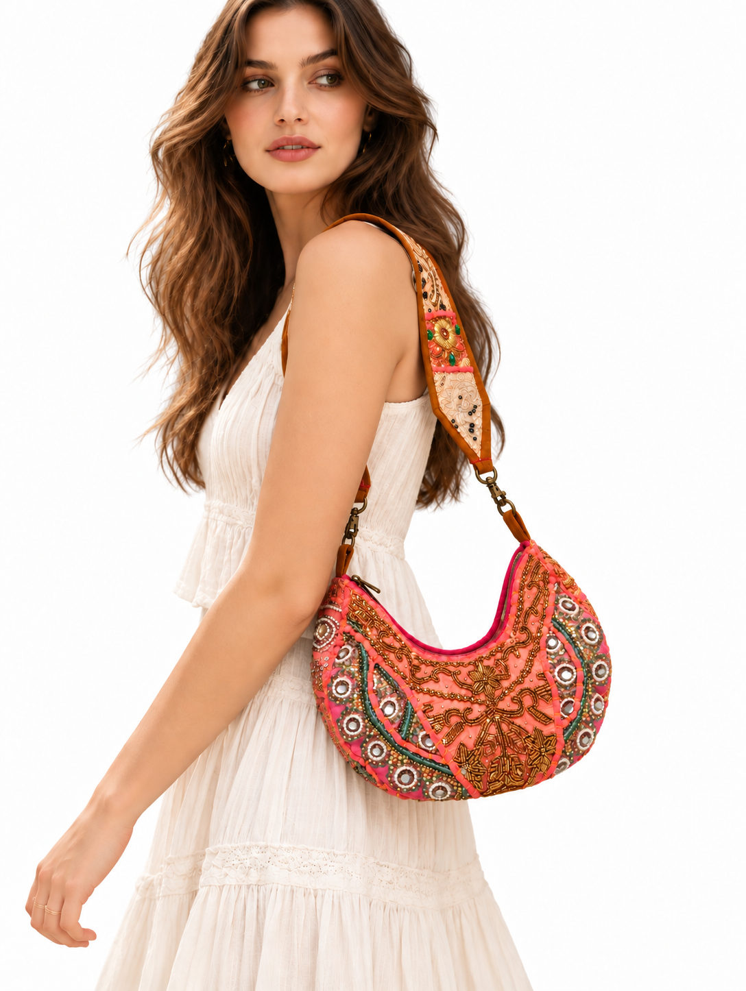 Image of Handmade Pink Beaded Embroidered Hobo Bag | Estelle
